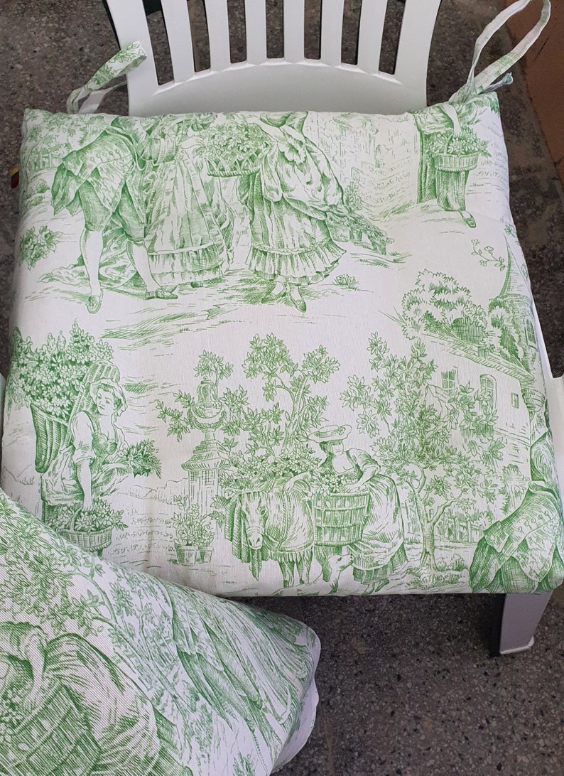 Green toile chair cushions Mid century chair cushion Chair pads with ties Custom chair pads zdjęcie 1