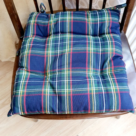 Blue tartan checked cushions Square seat pad Christmas chair pads with ties Dining chair cushions custom set Cotton plaid chair pads