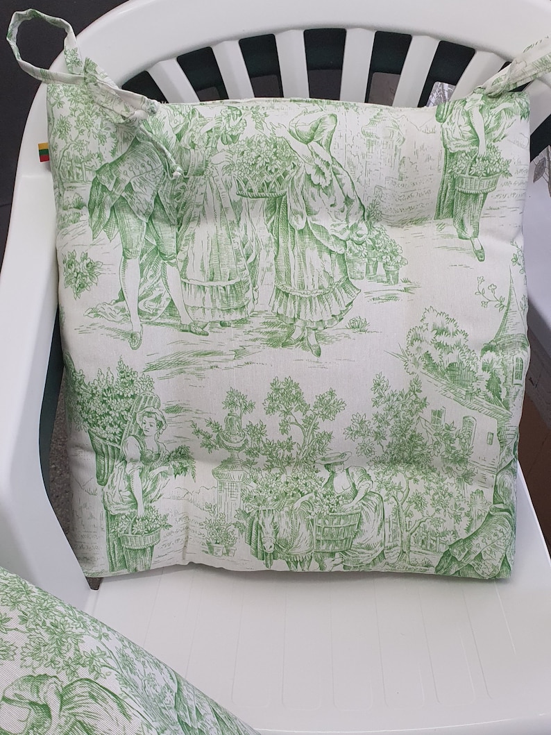 Green toile chair cushions Mid century chair cushion Chair pads with ties Custom chair pads zdjęcie 3