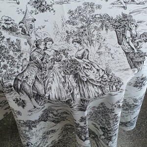 May include: Black and white toile fabric featuring a repeating pattern of people in a garden setting. The fabric features a variety of floral designs and a small building in the background.
