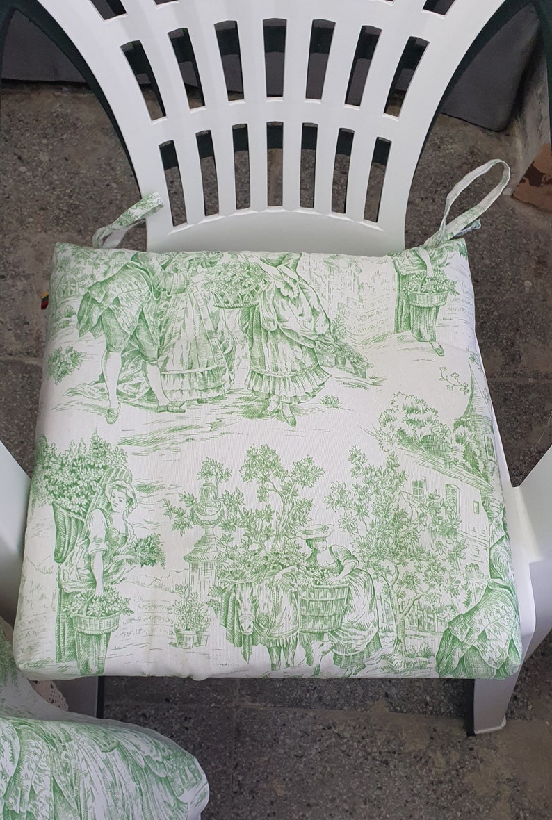 Green toile chair cushions Mid century chair cushion Chair pads with ties Custom chair pads zdjęcie 2