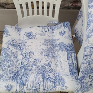 Blue toile chair cushions | Mid century chair cushion | Chair pads with ties Custom chair pads