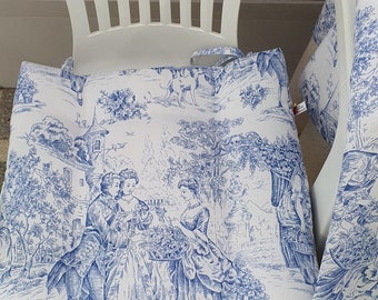 Blue toile chair cushions | Mid century chair cushion | Chair pads with ties Custom chair pads