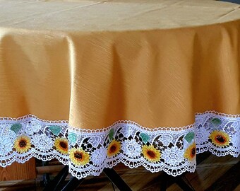 Mantel de encaje de girasoles: decoración rústica amarilla, redondo, 160 cm