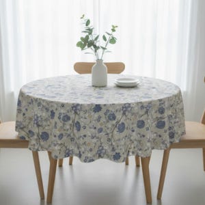 Mantel de lino floral: mantel rústico con flores en azul y beige