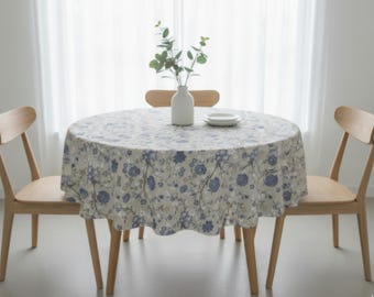 Mantel de lino floral: mantel rústico con flores en azul y beige