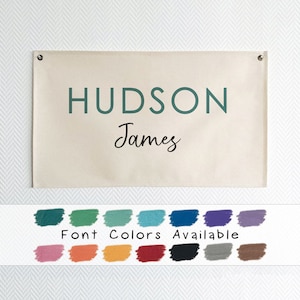 Baby Name Flag, Custom Name Banner, Nursery Name Sign, Linen Look Canvas Easy Clean Machine Washable, Boho Cozy Nursery Decor Wall Art BNF-2