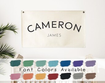 Baby Name Flag, Custom Name Banner, Nursery Name Sign, Linen Look Canvas Easy Clean Machine Washable, Boho Cozy Nursery Decor Wall Art BNF-3