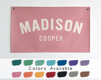 Baby Name Flag, Custom Name Banner, Nursery Name Sign, Linen Look Canvas Easy Clean Machine Washable Boho Cozy Nursery Decor Wall Art BNF-9