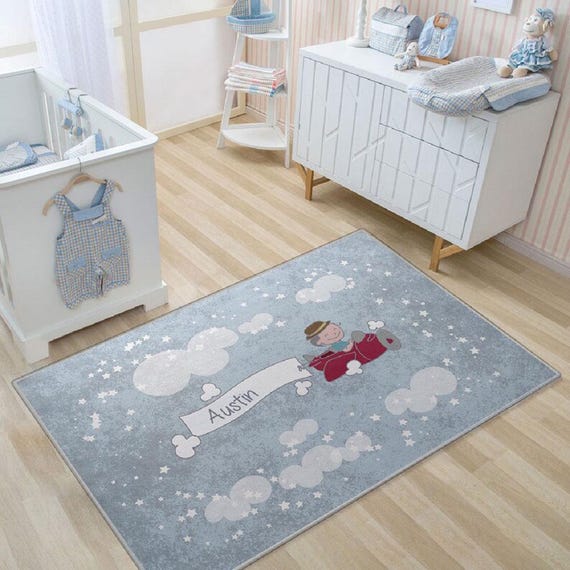 Personalized Nursery Rug Baby Boy Gift Bedroom Rug Play Mat Kid Rug Playroom Rug Super Soft Custom Area Rug Monogrammed Rug Aircraft NR113