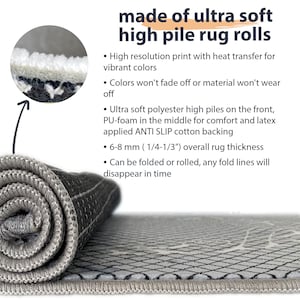 May include: Close-up of a rolled-up gray and white rug with a high pile. The rug is made of ultra-soft polyester with a PU-foam middle layer for comfort and a latex-applied anti-slip cotton backing. The rug is 6-8 mm (1/4-1/3") thick.