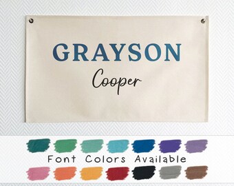 Baby Name Flag, Custom Name Banner, Nursery Name Sign, Linen Look Canvas Easy Clean Machine Washable, Boho Cozy Nursery Decor Wall Art BNF-1