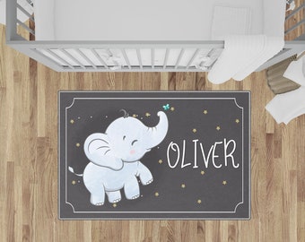 Personalized Nursery Rug with Animal Elephant Theme Monogrammed Kids Rug Bedroom Rug for Boys & Girls NR143