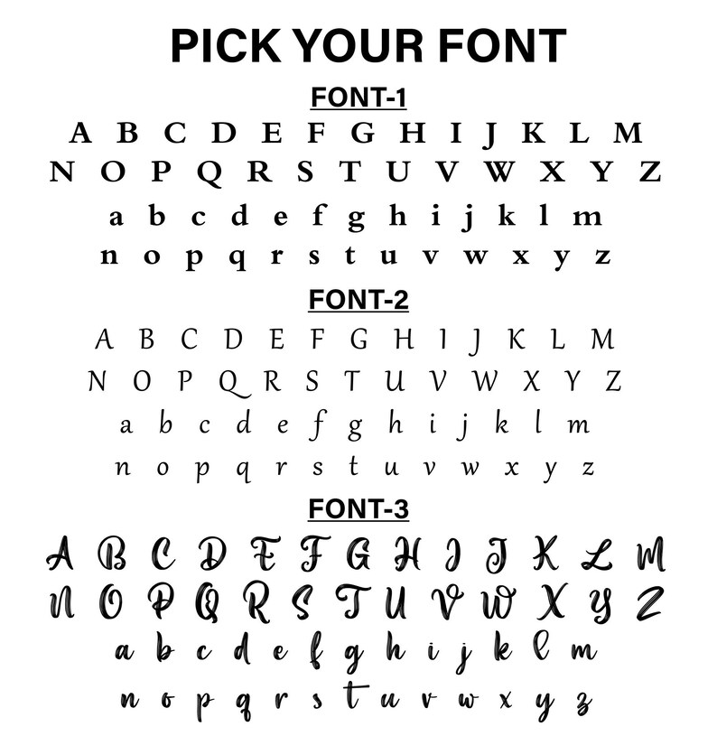 May include: Three different font styles are shown in black text on a white background. The fonts are labeled "FONT-1", "FONT-2", and "FONT-3". Each font style shows the alphabet in uppercase and lowercase letters.
