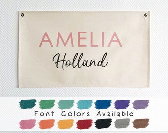 Baby Name Flag, Custom Name Banner, Nursery Name Sign, Linen Look Canvas Easy Clean Machine Washable, Boho Cozy Nursery Decor Wall Art BNF-2