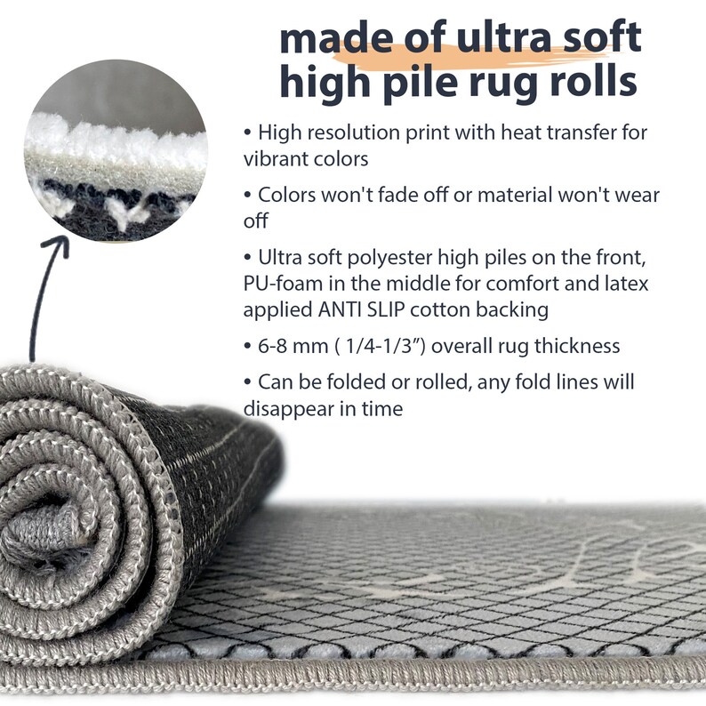 May include: Close-up of a rolled-up gray and white rug with a high pile. The rug is made of ultra-soft polyester with a PU-foam middle layer for comfort and a latex-applied anti-slip cotton backing. The rug is 6-8 mm (1/4-1/3") thick.