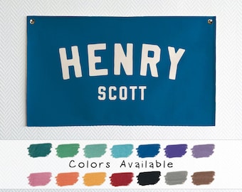 Baby Name Flag, Custom Name Banner, Nursery Name Sign, Linen Look Canvas Easy Clean Machine Washable Boho Cozy Nursery Decor Wall Art BNF-10