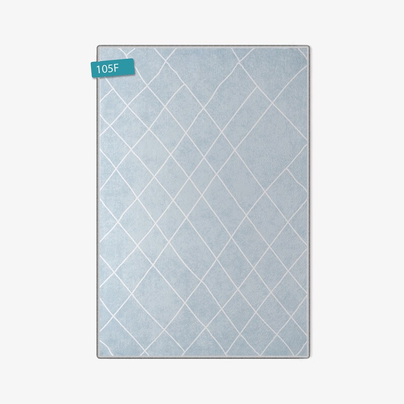 May include: A light blue rug with a white diamond pattern. The rug has a subtle texture and is perfect for adding a touch of modern style to any room.
