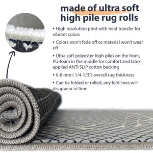 May include: Close-up of a rolled-up gray and white rug with a high pile. The rug is made of ultra-soft polyester with a PU-foam middle layer for comfort and a latex-applied anti-slip cotton backing. The rug is 6-8 mm (1/4-1/3") thick.