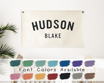 Baby Name Flag, Custom Name Banner, Nursery Name Sign, Linen Look Canvas Easy Clean Machine Washable, Boho Cozy Nursery Decor Wall Art BNF-6