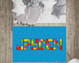 Personalized Kids Rug for Toy Brick Fans Building Blocks Gift for Boy and Girl Bedroom Nursery Rug Play Mat Christmas Birthday Gift NR136