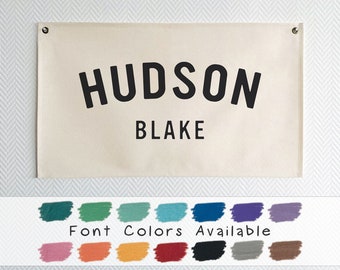 Baby Name Flag, Custom Name Banner, Nursery Name Sign, Linen Look Canvas Easy Clean Machine Washable, Boho Cozy Nursery Decor Wall Art BNF-6