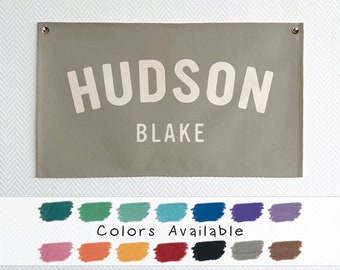 Baby Name Flag, Custom Name Banner, Nursery Name Sign, Linen Look Canvas Easy Clean Machine Washable Boho Cozy Nursery Decor Wall Art BNF-9