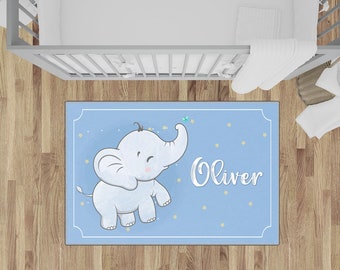 Personalized Nursery Rug with Animal Elephant Theme Monogrammed Kids Rug Bedroom Rug for Boys & Girls NR143