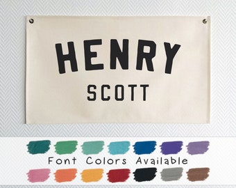 Baby Name Flag, Custom Name Banner, Nursery Name Sign, Linen Look Canvas Easy Clean Machine Washable, Boho Cozy Nursery Decor Wall Art BNF-7