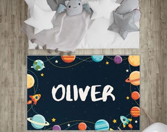 Personalized Kids Rug with Space Theme Monogrammed Nursery Rug Bedroom Rug for Boys & Girls NR145