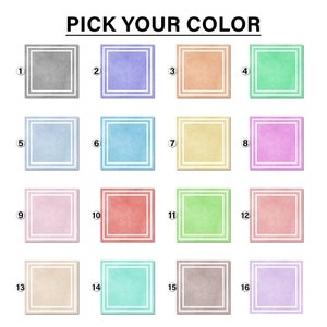 May include: A color chart with 16 different colors, each color is displayed in a square with a white border. The colors are: gray, purple, orange, green, light blue, blue, yellow, pink, light pink, red, lime green, peach, beige, aqua, brown, and lavender.