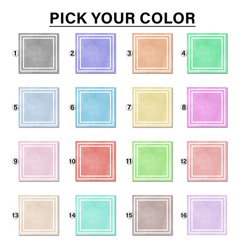 May include: A color chart with 16 different colors, each color is displayed in a square with a white border. The colors are: gray, purple, orange, green, light blue, blue, yellow, pink, light pink, red, lime green, peach, beige, aqua, brown, and lavender.