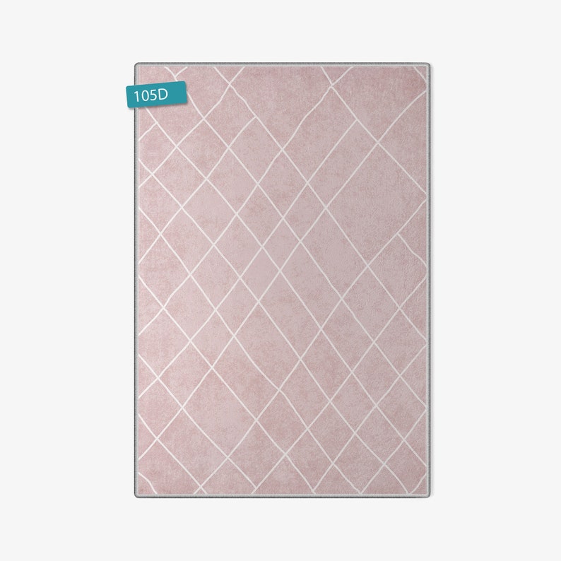 May include: A pink rug with a white diamond pattern. The rug has a subtle distressed look and is perfect for adding a touch of elegance to any room.