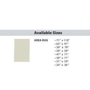 May include: A chart showing available sizes for area rugs. The sizes are listed in inches, with the width first and then the length. The sizes are: 71 x 110, 63 x 91, 39 x 79, 39 x 59, 47 x 71, 39 x 71, 31 x 59, and 24 x 36.