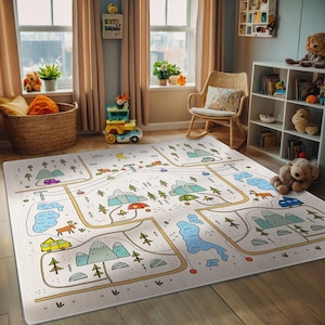 May include: A white play mat with a colorful cartoon design of a camping scene. The mat features mountains, trees, a campfire, a tent, and a car. The mat is perfect for kids to play on and learn about camping.