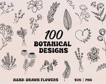 May include: A set of 100 hand-drawn botanical designs, including flowers, leaves, and other floral elements. The designs are in black and white and are perfect for use in crafting, scrapbooking, and other creative projects.  100 BOTANICAL DESIGNS HAND-DRAWN FLOWERS SVG | PNG