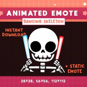 May include: Animated emote featuring a dancing skeleton with blue and red light sabers. The design includes the text "Animated Emote", "Dancing Skeleton", and "Instant Download". The image also shows the sizes 28x28, 56x56, and 112x112.