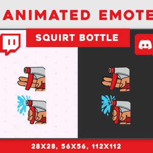 May include: Animated Twitch and Discord emote of a hand holding a red and grey squirt bottle. The bottle is spraying a blue liquid. The emote is available in three sizes: 28x28, 56x56, and 112x112.