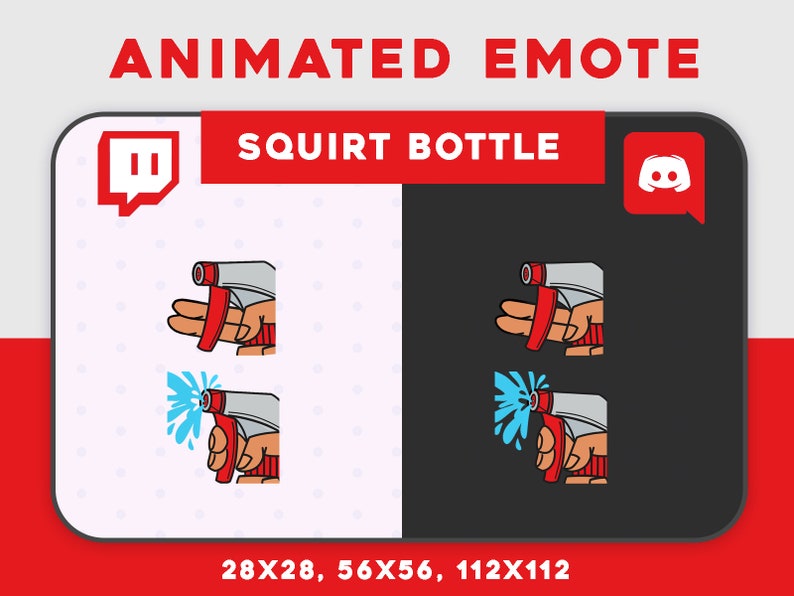 May include: Animated Twitch and Discord emote of a hand holding a red and grey squirt bottle. The bottle is spraying a blue liquid. The emote is available in three sizes: 28x28, 56x56, and 112x112.