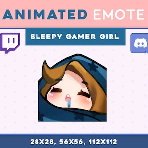 May include: Animated emote of a sleepy gamer girl with blue and brown hair, wearing a blue blanket with stars, and a drool coming from her mouth. The emote is labeled "Sleepy Gamer Girl" and is available for Twitch and Discord.