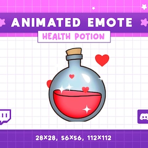 Peut inclure: Graphique d'emote animée représentant une potion de soin. La potion est dans une bouteille en verre transparent avec un bouchon en liège, remplie de liquide rouge. Des cœurs rouges flottent autour de la bouteille. Le texte indique "ANIMATED EMOTE" et "HEALTH POTION".