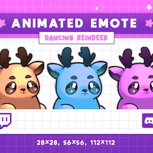 May include: Animated emote of a dancing reindeer in three different colours: brown, blue, and pink. The reindeer has large eyes with sparkles and a cute expression. The emote is available in three sizes: 28x28, 56x56, and 112x112.