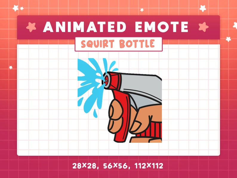 May include: Animated emoji of a hand holding a red and grey squirt bottle with blue water spraying out of the nozzle. The emoji is available in three sizes: 28x28, 56x56, and 112x112 pixels.