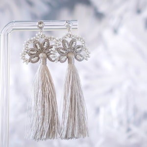 Long Silver Tassel Earrings – Handmade Bridal Jewelry Gift for Her