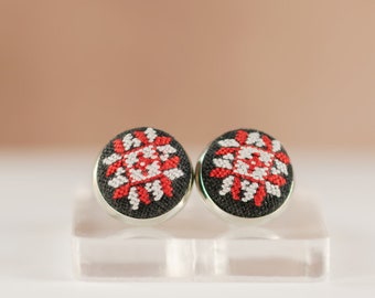 Hand embroidery studs earrings, Petit point jewelry, Romanian folklore, Red and white studs, Birthday gift for daughter