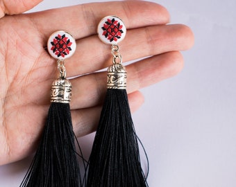 Black and red tassel earring, Petit point jewelry, Hand embroidery, Romanian traditions, Long fringe earrings, Birthday gift