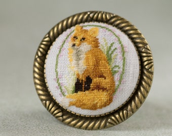 Cute fox brooch, Hand embroidery, Petit point jewelry, Needlepoint coat pin, Gift for animal lovers