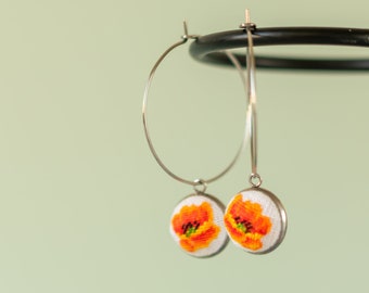 Charm hoop earrings, California poppy earrings, Orange poppies drop earring, Petit point hand embroidery,  Birthday gift for daughter