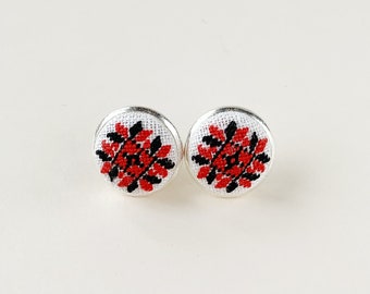 Black and red embroidered stud earrings, Folk art earrings, Romanian blouse, Petit point embroidery