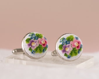 Cufflinks for women, Floral buttons, Petit point embroidery, Cufflinks for wedding, Wildflower bouquet, Groomsman gift